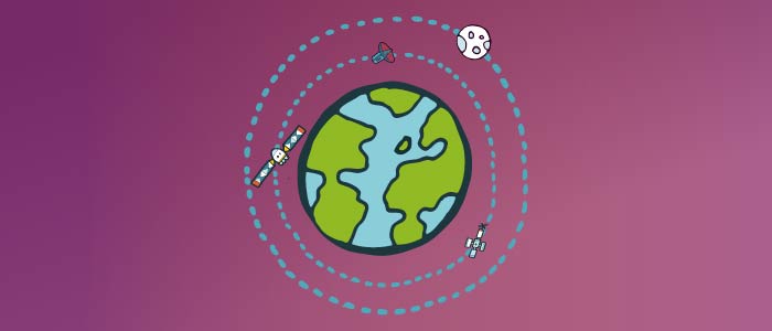 Cartoon image of planet Earth surrounded by man-made satellites and the Moon.