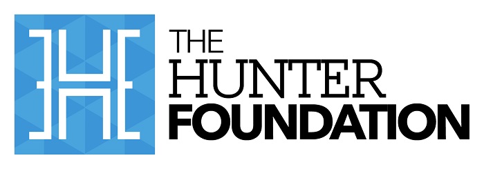 Logo of The Hunter Foundation, black text on a background including with a large H on a blue background