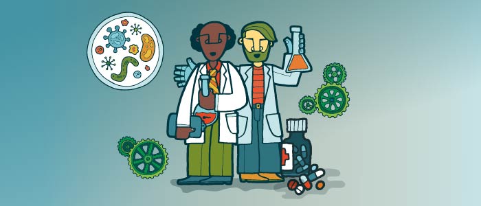 Cartoon image of 2 male scientists holding flasks with colourful liquids in. They are surrounded by engineering cogs, medicine bottles and petri dishes.