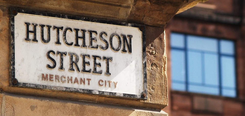 Street sign for Hutcheson Street, Merchant City in Glasgow. Source: It Wisnae Us: The Truth About Glasgow and Slavery https://it.wisnae.us/ 