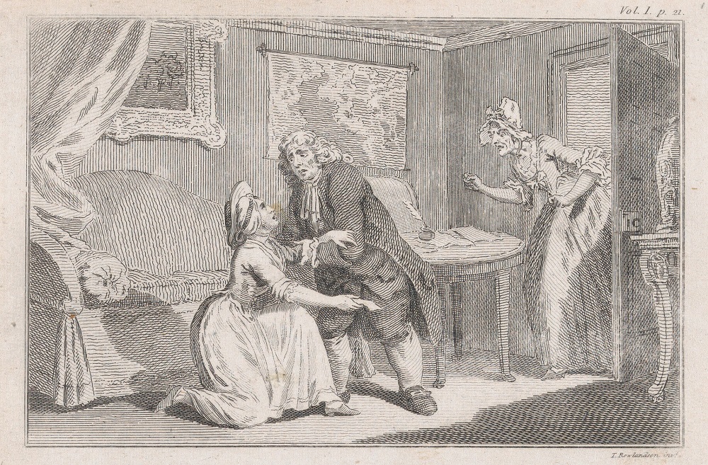 A black and white cartoon from 1793 showing a woman on one knee with a banknote in one hand being helped up by a gentleman as a old lady comes though the door to the room. Source:  Met Museum, Public Domain https://www.metmuseum.org/art/collection/search/738939 