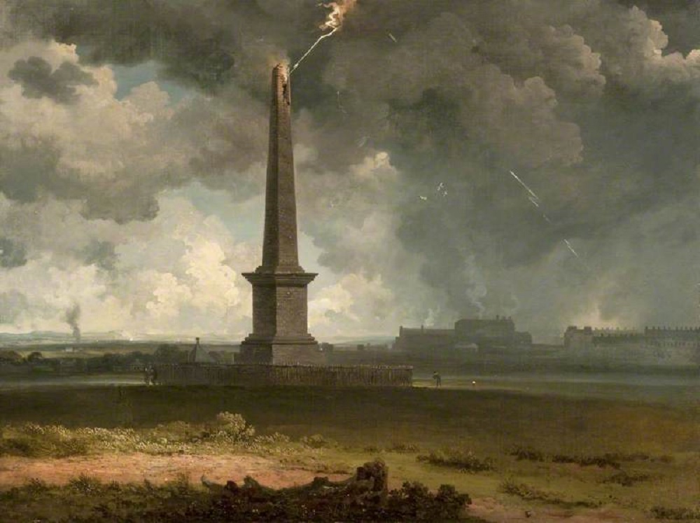 Painting called 'The Nelson Monument on Glasgow Green Struck by Lightning'. Circa 1810 by John Knox. Source: In the collection of Glasgow Life Museums, published on Art UK and reproduced under Creative Commons Attribution-NonCommercial-NoDerivatives licence https://artuk.org/discover/artworks/the-nelson-monument-on-glasgow-green-struck-by-lightning-84743