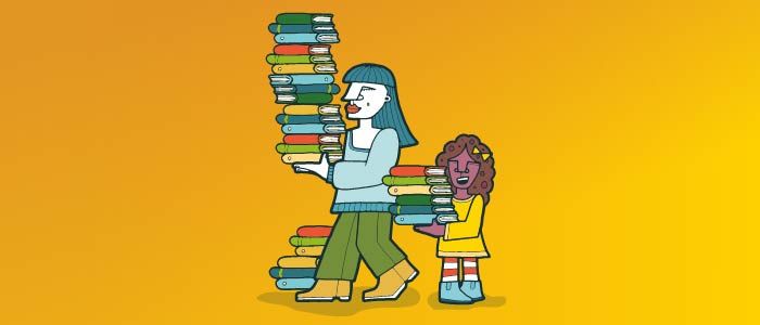 Cartoon image of a woman and a child holding stacks of colourful books. 