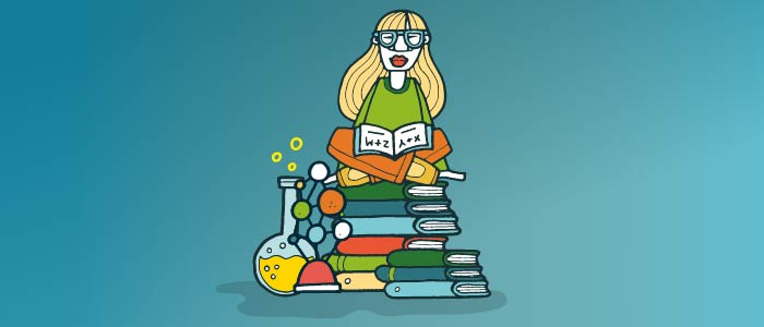 Cartoon image of a girl reading whilst sat on a stack of books. Next to her is a flask with yellow liquid and bubbles.