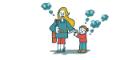 Cartoon image of a mother and child with thought bubbles coming from their heads. The thought bubbles contain lightbulbs and musical notes.