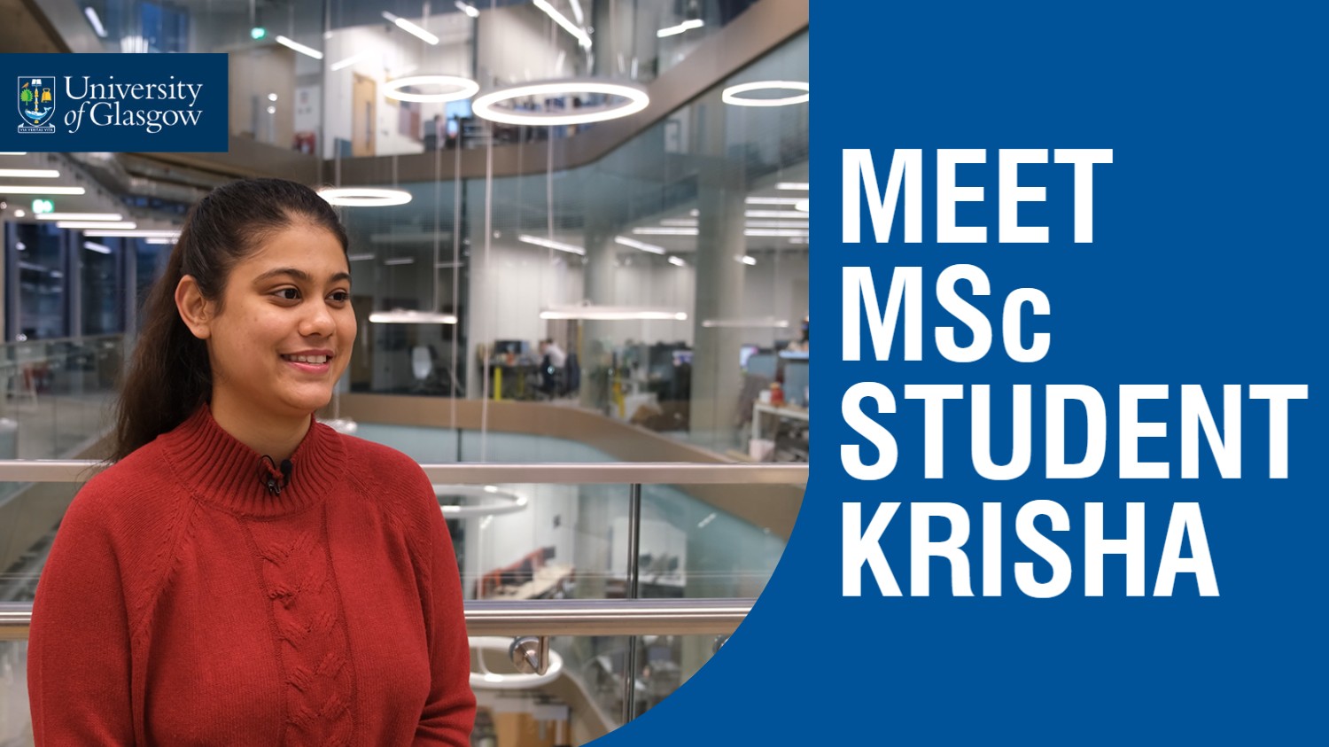 A student called Krisha standing in the Arc. She is wearing a red jumper