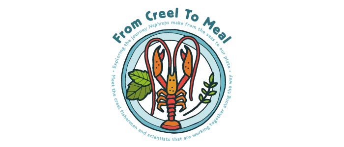 Logo image for the Creel to Meal project. It is a circular badge with a cartoon langoustine in the centre, around the edge it says ‘Exploring the journey Nephrops make from the seas to our plate’ and ‘Meet the creel fishermen and scientists that are working together along the way’.