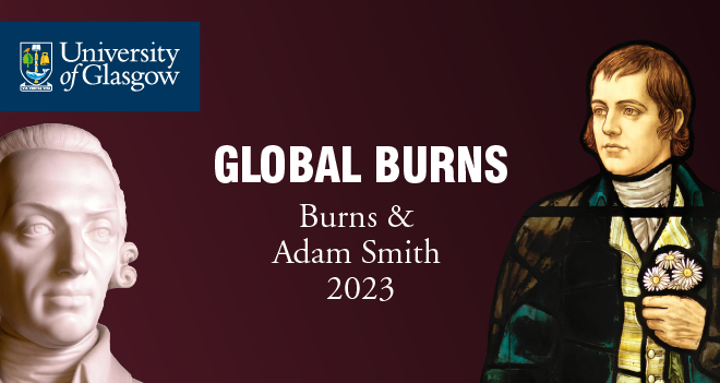 Stain glass window of Robert Burns and Statue of Adam Smith -Text 
