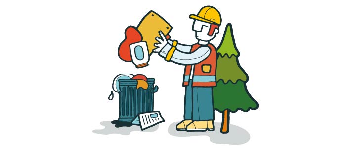 Cartoon image of a man in a yellow hard hat putting litter into a bin. 