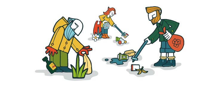 Cartoon image of three people collecting various bits of litter such as coffee cups, takeaway packaging and bottles.