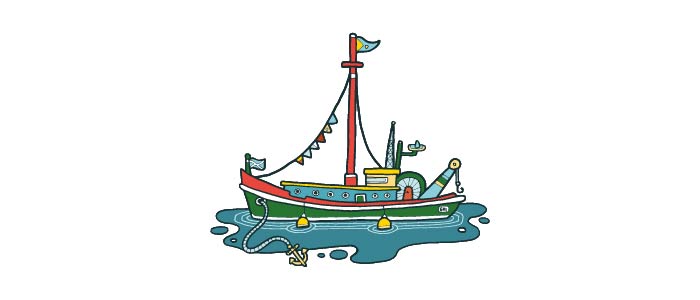 Cartoon image of a barge with bunting and anchors.
