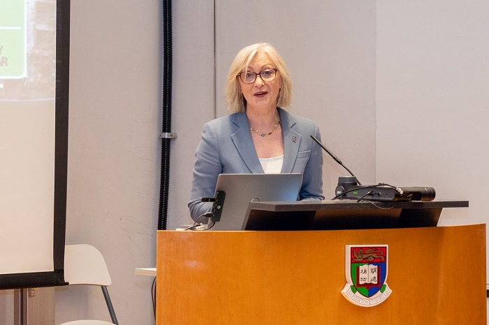 Sara Carter speaking at a podium. Source: Hong Kong University