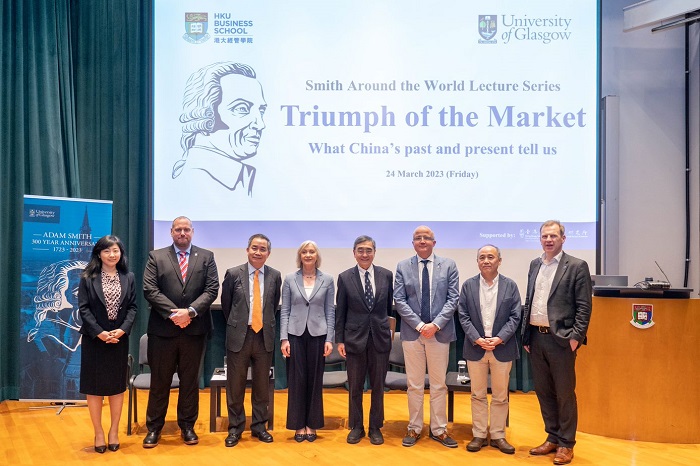 Group of people in front of a screen with slide that says 'Triumph of the Market: What China’s past and present tell us'. Source: Hong Kong University