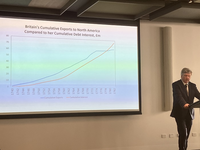 Screen with slide showing a graph entitled 'Britain's Cumulative Exports to North America Compared to her Cumulative Debt Interest £m. 'Source: National Australian University