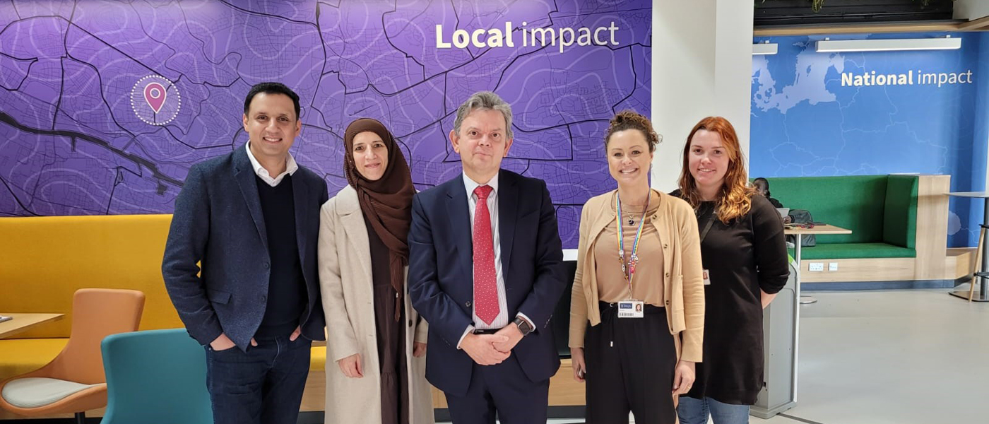 Photo of MSP Anas Sarwar, Bushra Riaz, Policy Lead (Scotland) Kidney Research UK, Principal and Vice Chancellor University of Glasgow, SHW Community Engagement Coordinator Susan Grant and Clinical Academic Fellow, Dr Catrin Jones. 