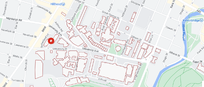 A map of the Gilmorehill Campus with the Sir Graeme Davies Building marked by a red circle