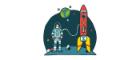 Cartoon image of an astronaut and a rocket on an unknown planet. The rocket has a Scottish flag on it, and Earth can be seen in the background. 