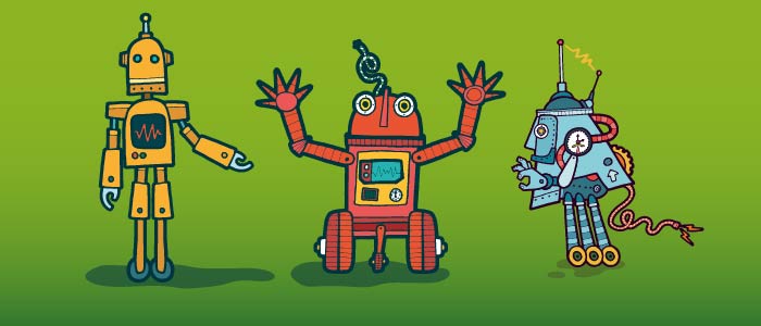Cartoon image of three different robots. 