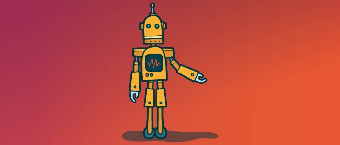 Cartoon image of a yellow robot on a red background. 