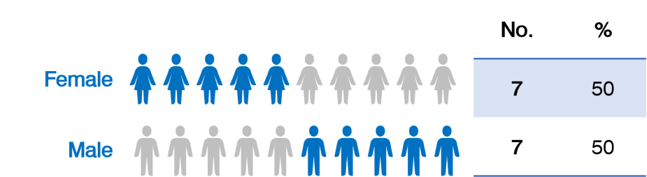 Pictogram to show 5 shaded women and 5 shaded men out of 10 to illustrate the 50% / 50% split representation on the senior management group