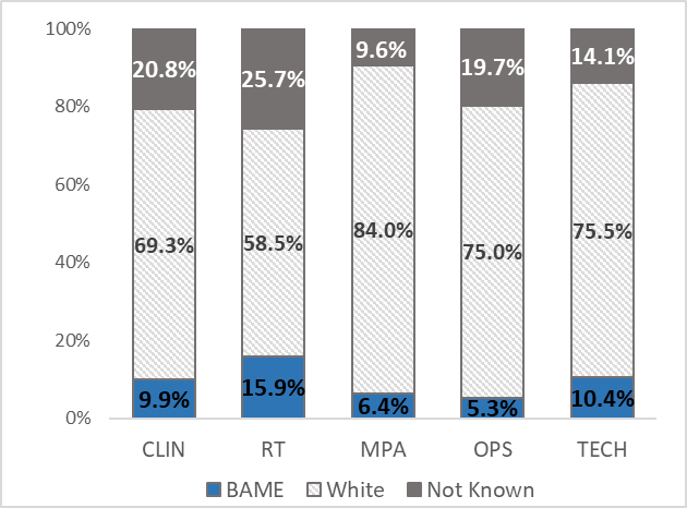 Bar Chart showing the ethnicity breakdown of staff within each job family. It shows strongest representation of BAME staff in RT roles with 15.9% BAME staff across RT job family. There are high proportions of staff who have not declared their ethnicity. This is highest amongst RT roles with 25.7% of staff not sharing their ethnicity. 