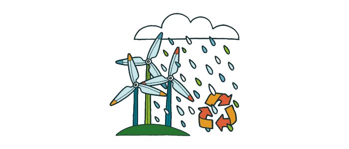 Cartoon image of renewable energy sources including wind turbines, rainfall and the recycle symbol. 