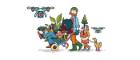 Cartoon image of a man pushing a wheelbarrow, a woman is sat in the wheelbarrow with a cat, and she is holding a flask of yellow liquid. A girl is stood behind them holding a tree in a plant pot with a duck on a lead surrounded by plants. Above them is two drones. 