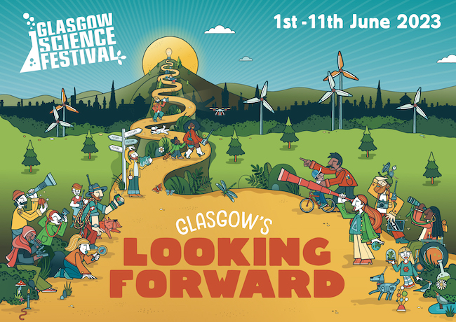 A picture of the launch poster for the 2023 Glasgow Science Festival showing the theme for this year, 'Glasgow's Looking Forward'