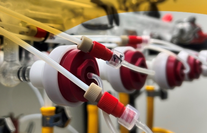 A close-up view of a Schlenk line for inert chemistry