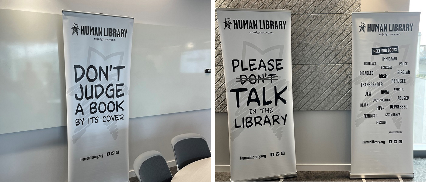 Collage of two photos relating to the Human Library project, with text reading 