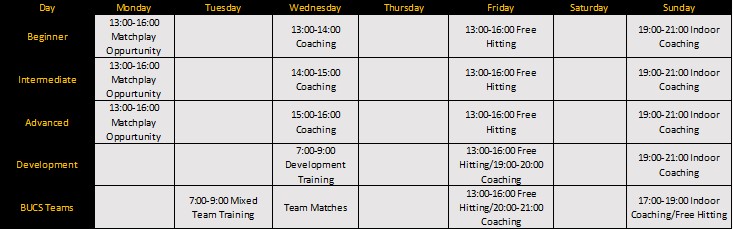 GU Tennis Club Training Timetable