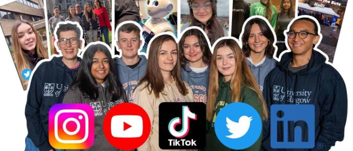 Photo collage of student interns and social media icons