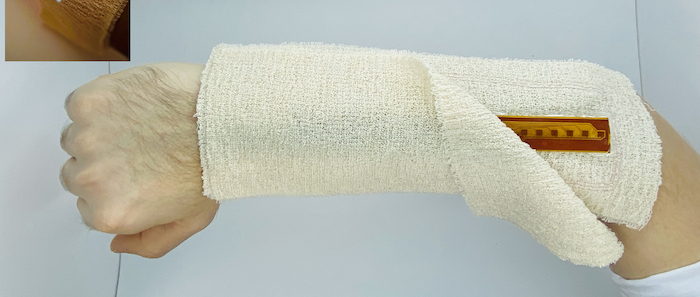 A demonstration of the flexible, wirelessly-powered 'smart bandage' developed by Dr Mahmoud Wagih
