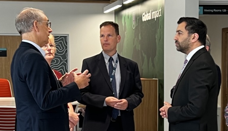 Professors Laurence Moore, Kate O'Donnell and Iain McInnes with Humza Yousaf