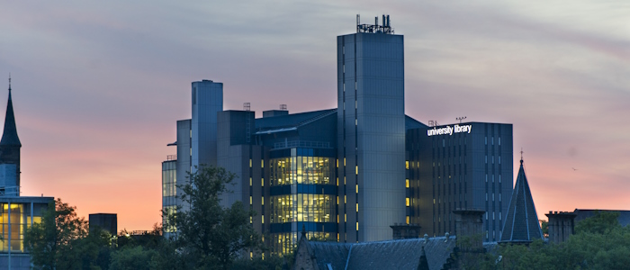 The library lit up at night