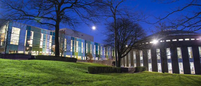 Fraser Building and Round Reading Room lit up at night
