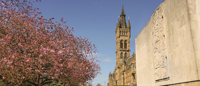 A tree, the tower and James Watt building mural