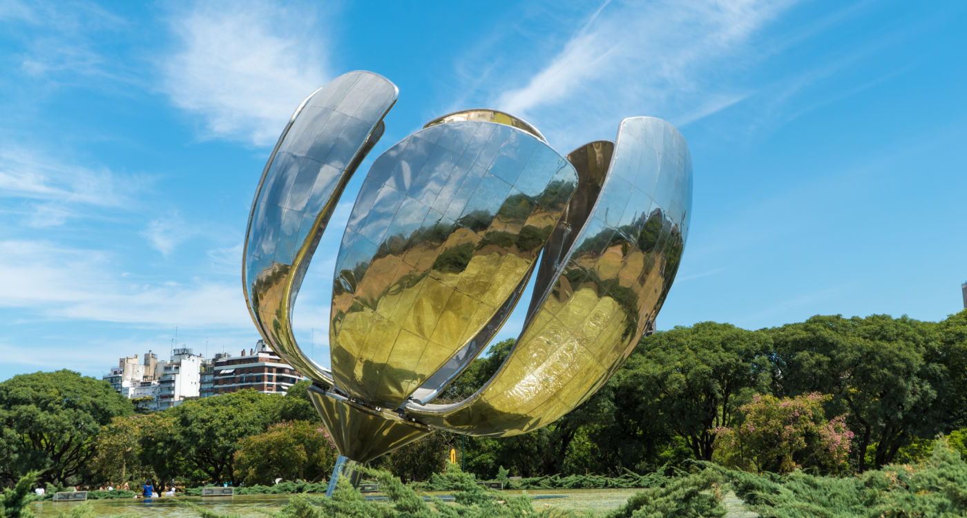 Monument at United Nations Plaza resembling a large flower made of metal [Photo: Shutterstock]