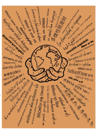 A orange background with two hands holding the earth around it is multiple different languages all saying 