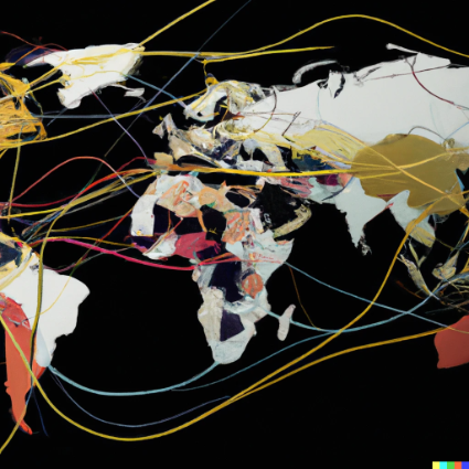 A map of the world in cut outs from various magazines with sting of multiple colours diverting and connect across the globe. Behind is a black in place of the sea for the map. Source: ASBS