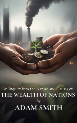Two hands holding soil with a small tree and a pile of coins in the soil.The background is a poluated landscape with building and smog behind. Below is text stating: An inquiry into the nature and causes of the wealth of nations by Adam Smith