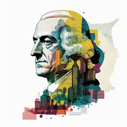 Adam Smith image with him being transparent and having a number of skyscrapers around his body and face going from black and white to more vibrant colours like blue pinks and yellows. Source: ASBS