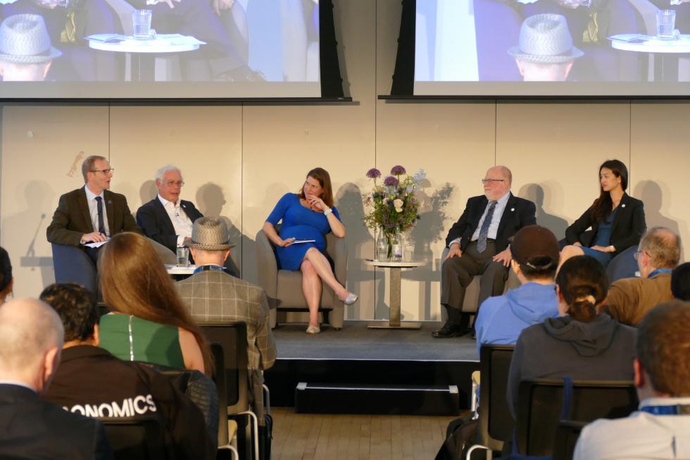 5 panellists discussing Smith and Political economy with panellists Prof Graeme Roy, Prof Sir John Kay, Jo Swinson CBE, Dr Glory Liu and Dr Adam Posen CBE with an audience in front of them. Source: ASBS 