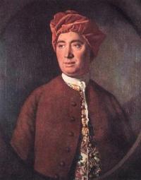 historical oil portrait of David Hume - a white middle-aged man with dark red turban, short-collared white shirt under a lush dark red coat with edge embroidery
