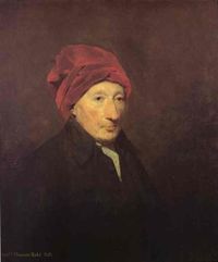 historical oil painting of Thomas Reid: a white old man wearing a dark red turban and black coat