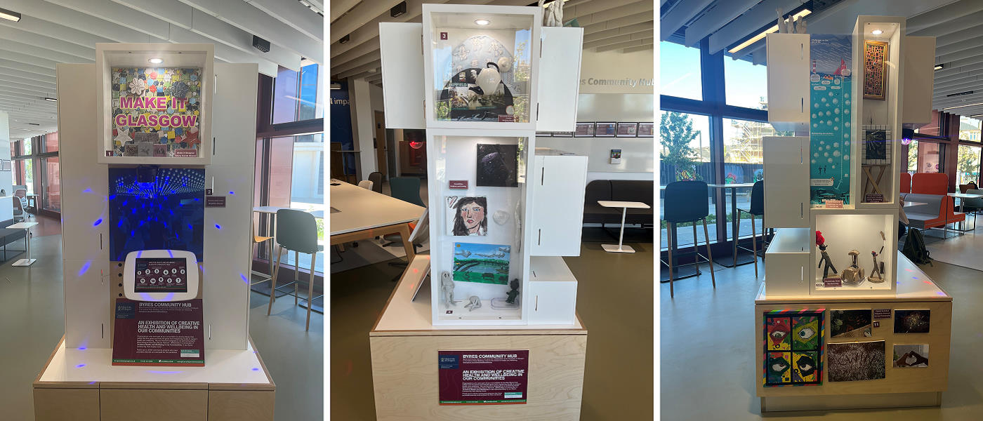 Collage of 3 photos of the display tower in Clarice Pears building, University of Glagow