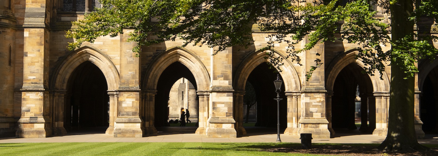 cloisters in the sun with the west quad tree