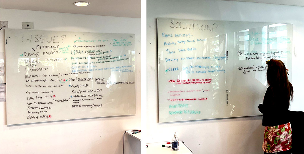 Two whiteboards with issues on the left and solutions on the right. A woman writing.