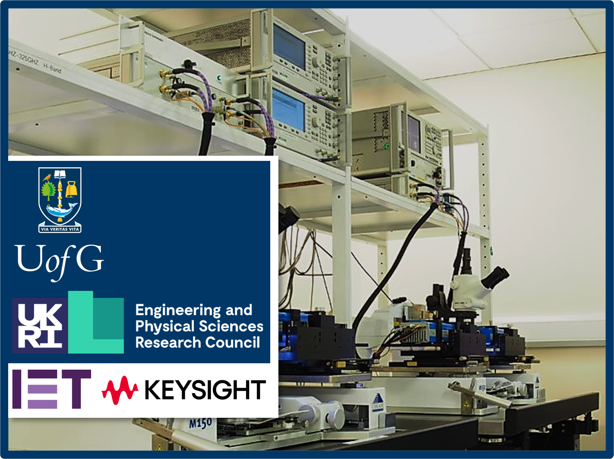 Microwave lab with logos, Keysight, IET, and the University of Glasgow