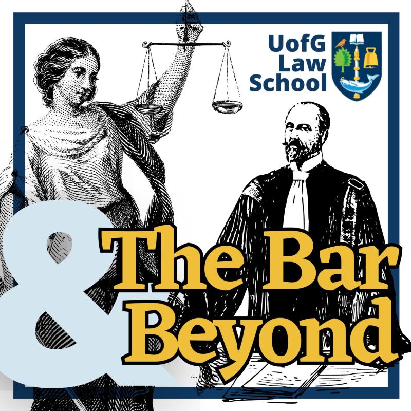 Illustration of scales of justice, an old male barrister and the words 'The Bar and Beyond'